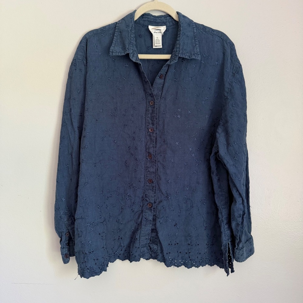 Vintage Talbots Irish Linen Embroidered Eyelet Shirt Navy Blue XL Blouse